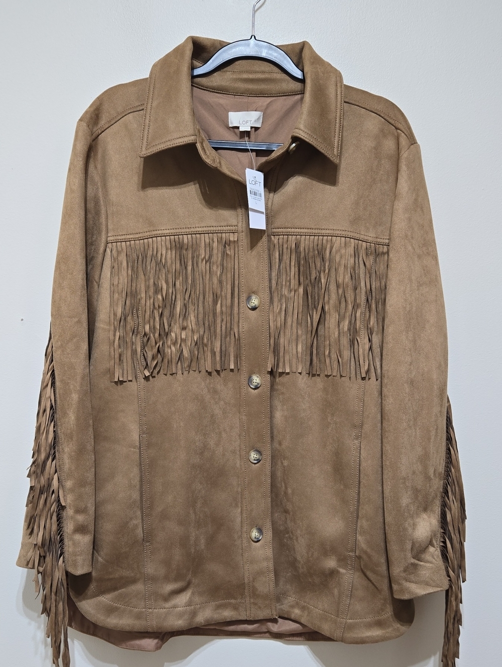 LOFT Tan Faux Suede Fringe Button Jacket